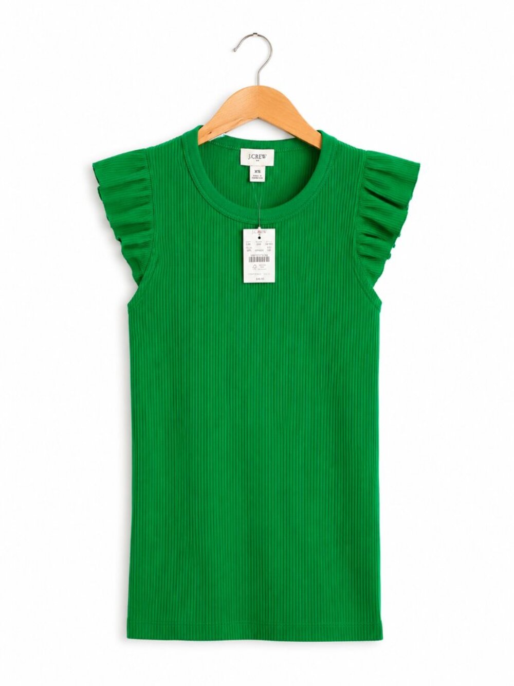 NWT J. Crew Ribbed Ruffle Shoulder Cotton Tank Top in Green Picnic | Size XS